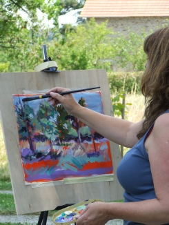 Lyn at her easel - French orchard